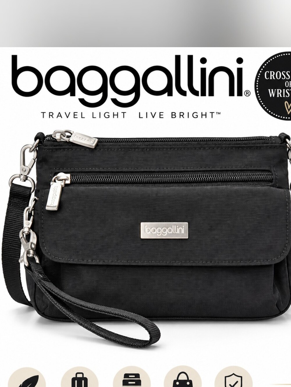 Baggallini Black Nylon Crossbody Travel Organizer Bag Multi Pocket Adjustable